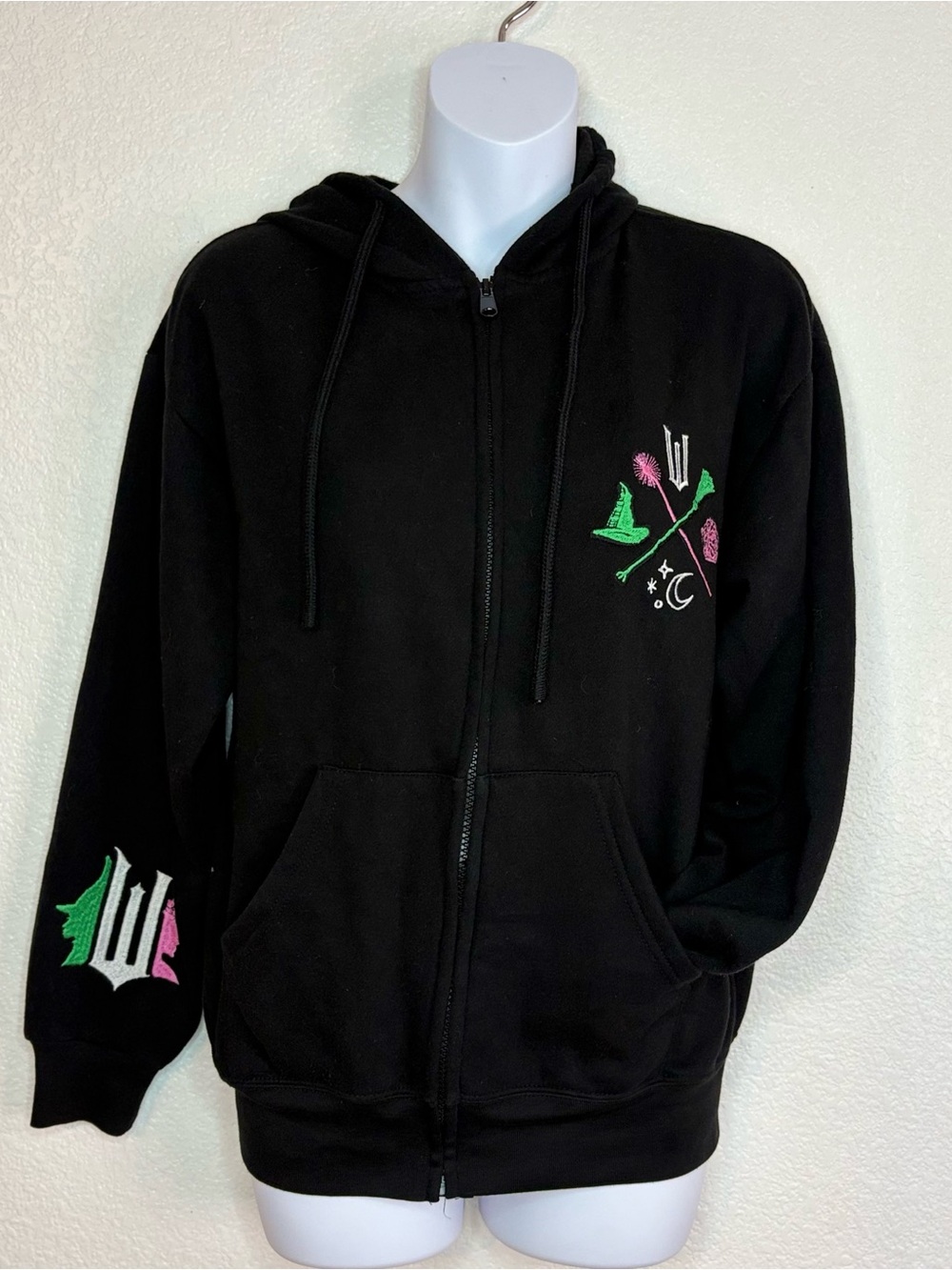 Black Women's Hooded Zip Sweater Vest with Green & Pink Embroidery